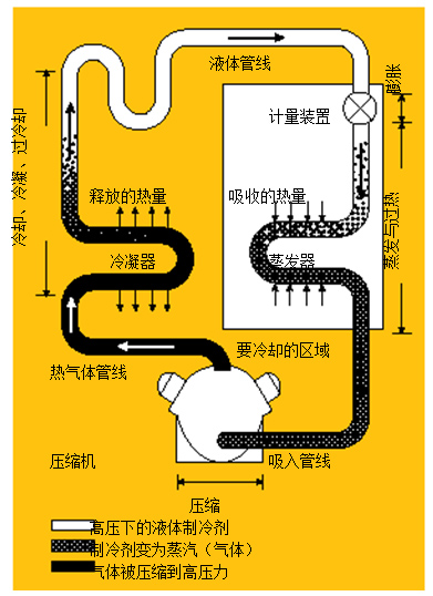 圖1.制冷系統(tǒng) 在典型的制冷系統(tǒng)中，壓縮機將熱氣體送到冷凝器，隨后，冷凝液通過蒸發(fā)器中的一個膨脹閥，進(jìn)行蒸發(fā)并獲取來自被冷卻區(qū)域的熱量。